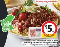 Coles Coles Australian Pork & Beef 3 Star Regular Mince Bolognese 500g offer
