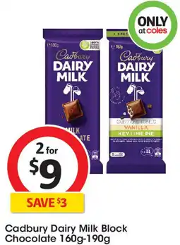 Coles Cadbury Dairy Milk Block Chocolate 160g-190g offer