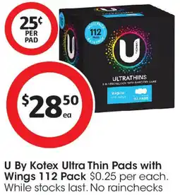 Coles U By Kotex Ultra Thin Pads with Wings 112 Pack offer