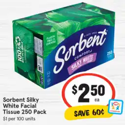 IGA Sorbent Silky White Facial Tissue 250 Pack offer