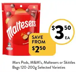 Foodworks Mars Pods, M&M's, Maltesers or Skittles Bags 120-200g offer