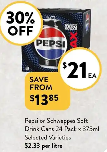 Foodworks Pepsi or Schweppes Soft Drink Cans 24 Pack x 375ml offer