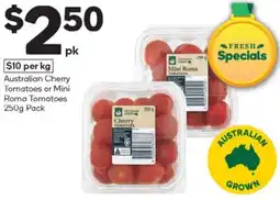 Woolworths Australian Cherry Tomatoes or Mini Roma Tomatoes 250g Pack offer
