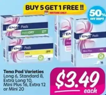 Your Discount Chemist Tena Pad Long 6s, Standard 8s, Extra Long 10s, Mini Plus 16s, Extra 12s or Mini 20s offer