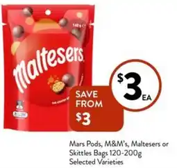 Foodworks Mars Pods, M&M's, Maltesers or Skittles Bags 120-200g Selected Varieties offer