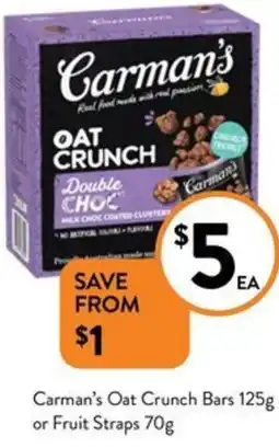 Foodworks Carman's Oat Crunch Bars 125g or Fruit Straps 70g offer