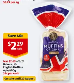 ALDI Bakers Life English Muffins 6pk/400g offer