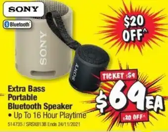 JB Hi-Fi Sony Extra Bass Portable Bluetooth Speaker offer