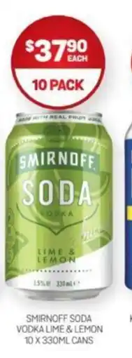 SMIRNOFF SODA VODKA LIME & LEMON 10 X 330ML CANS