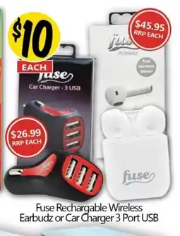 Fuse Rechargable Wireless Earbudz or Car Charger 3 Port USB