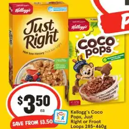 IGA Kellogg's Coco Pops, Just Right or Froot Loops 285-460g offer