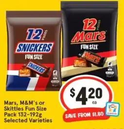 IGA Mars, M&M's or Skittles Fun Size Pack 132-192g offer