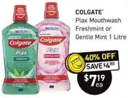 COLGATE Plax Mouthwash Freshmint or Gentle Mint 1 Litre