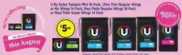 Star Discount Chemist U By Kotex Tampon Mini 16 Pack, Ultra Thin Regular Wings or No Wings 14 Pack, Maxi Pads Regular Wings 16 Pack or Maxi Pads offer