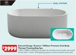 Harvey Norman Entrend Design 'Essence' 1500mm Premium Oval Body Therapy Freestanding Spa. offer