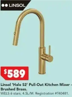 Harvey Norman Linsol 'Halo 52' Pull-Out Kitchen Mixer - Linsol 'Tish 52' Pull-Out Sink Mixer - Brushed Brass offer