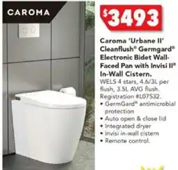 Caroma 'Urbane II' Cleanflush Germgard Electronic Bidet Wall- Faced Pan with Invisi II In-Wall Cistern