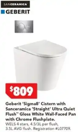 Harvey Norman Geberit 'Sigma8' Cistern with Sanceramica 'Straight' Ultra Quiet Flush Gloss White Wall-Faced Pan with Chrome Flushplate offer