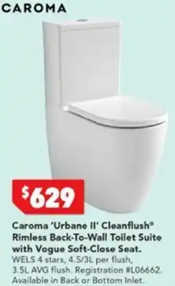 Harvey Norman Caroma 'Urbane II' Cleanflush Rimless Back-To-Wall Toilet Suite with Vogue Soft-Close Seat offer