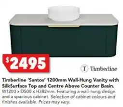 Harvey Norman Timberline 'Santos' 1200mm Wall-Hung Vanity with SilkSurface Top and Centre Above Counter Basin offer