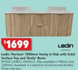 Harvey Norman Ledin 'Horizon' 1500mm Vanity in Oak with Solid Surface Top and 'Emily' Basin offer