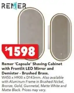 Harvey Norman Remer 'Capsule' Shaving Cabinet with Frontlit LED Mirror and Demister - Brushed Brass offer