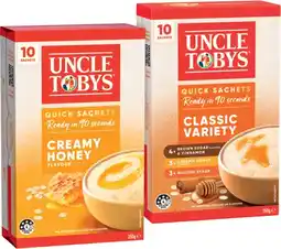 IGA Uncle Tobys Oats Quick Sachets 8-10 Pack Selected Varieties offer