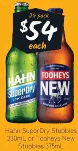 Cellarbrations Hahn SuperDry Stubbies 330mL or Tooheys New Stubbies 375mL offer