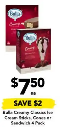 Drakes Bulla Creamy Classics Ice Cream Sticks, Cones or Sandwich 4 Pack offer