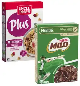 Coles Nestlé Milo Cereal 350g or Uncle Tobys Plus 410g-435g offer