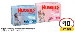 IGA Huggies Ultra Dry, Newborn or Infant Nappies 14-28 Pack Selected Varieties offer