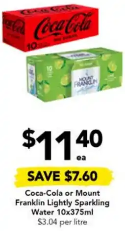Drakes Coca-Cola or Mount Franklin Lightly Sparkling Water 10x375ml offer