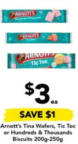 Arnott's Tina Wafers, Tic Toc or Hundreds & Thousands Biscuits 200g-250g