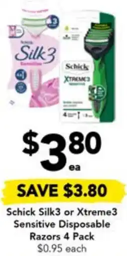 Drakes Schick Silk3 or Xtreme3 Sensitive Disposable Razors 4 Pack offer