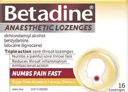 Discount Drug Stores Betadine Anaesthetic Honey & Lemon Flavour 16 Lozenges offer