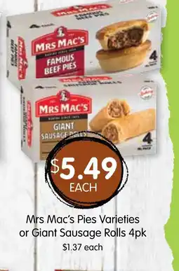 Spudshed Mrs Mac's Pies Varieties or Giant Sausage Rolls 4pk offer