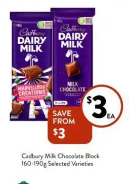 Foodworks Cadbury Milk Chocolate Block 160-190g Selected Varieties offer