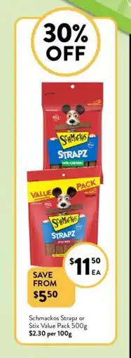 Foodworks Schmackos Strapz or Stix Value Pack 500g offer