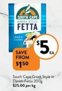 Foodworks South Cape Greek Style or Danish Fetta 200g offer