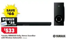 Harvey Norman Yamaha SRB40AB Dolby Atmos Soundbar with Wireless Subwoofer offer