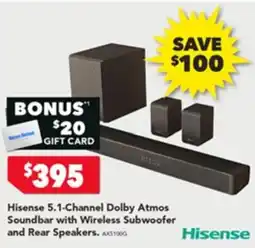 Harvey Norman Hisense 5.1-Channel Dolby Atmos Soundbar with Wireless Subwoofer and Rear Speakers offer