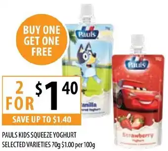 Supabarn PAULS KIDS SQUEEZE YOGHURT 70 g offer