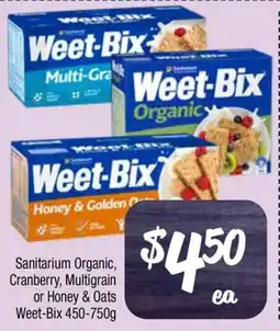 Farmer Jack's Sanitarium Organic, Cranberry, Multigrain or Honey & Oats Weet-Bix 450-750g offer