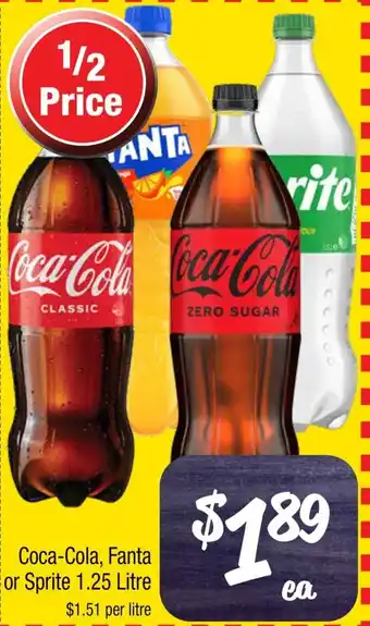 Farmer Jack's Coca-Cola, Fanta or Sprite 1.25 Litre offer