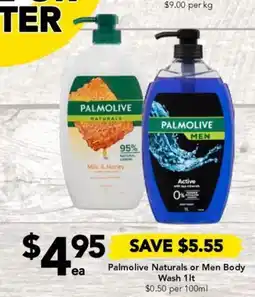 Drakes Palmolive Naturals or Men Body Wash 1lt offer