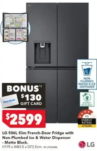 Harvey Norman LG 506L Slim French-Door Fridge with Non-Plumbed Ice & Water Dispenser - Matte Black offer