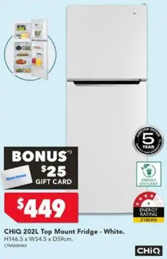 Harvey Norman CHIQ 202L Top Mount Fridge - White offer