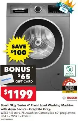 Harvey Norman Bosch 9kg 'Series 6' Front Load Washing Machine with Aqua Secure - Graphite Grey offer
