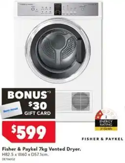 Harvey Norman Fisher & Paykel 7kg Vented Dryer offer