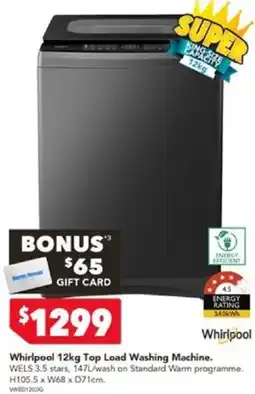 Harvey Norman Whirlpool 12kg Top Load Washing Machine offer